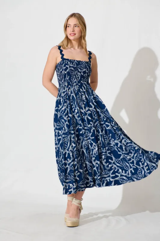 Mora Maxi Sundress In Navy Print Ric Rac Trim sold by St Frock