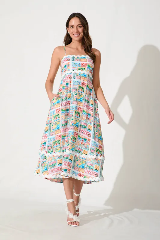 Treviso Maxi Sundress In Multi With White Ric Rac Trim sold by St Frock