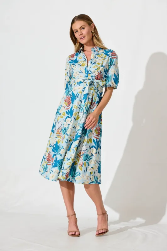 Tanya Midi Shirt Dress In Blue With White Floral sold by St Frock