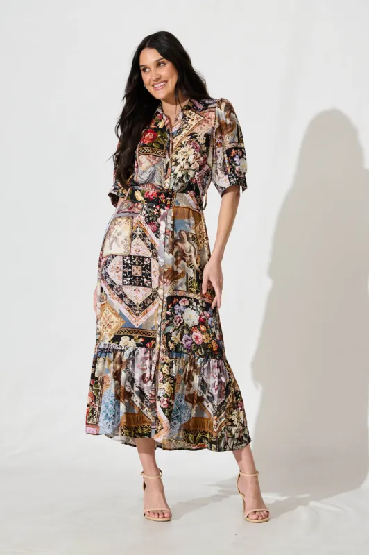 Allyna Midi Shirt Dress in Black Multi Patchwork sold by St Frock