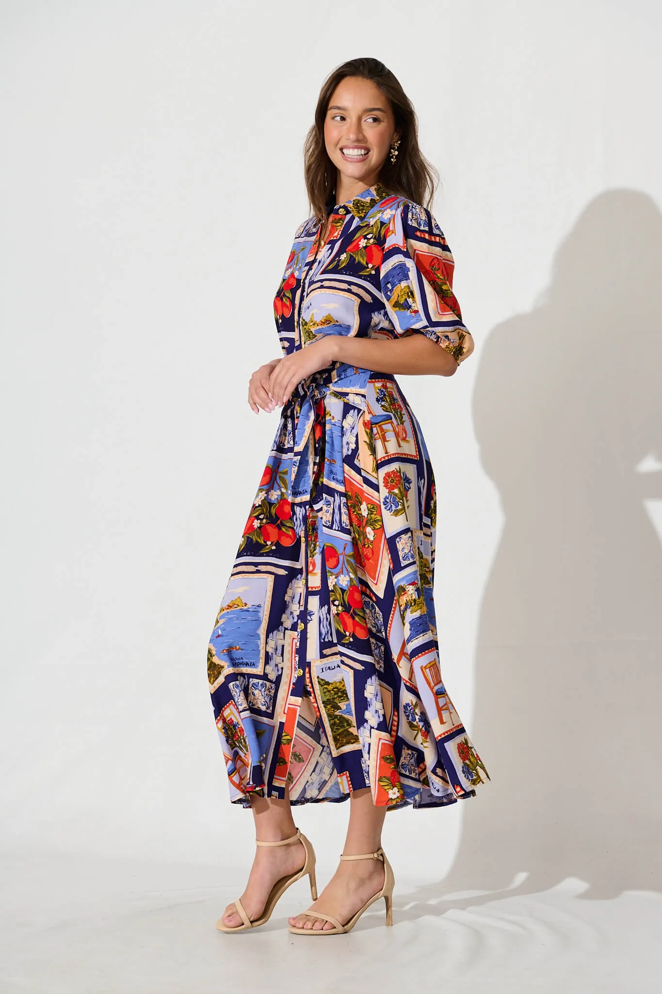 Bella Maxi Shirt Dress In Blue Multi Postcard Print sold by St Frock product image thumbnail 3