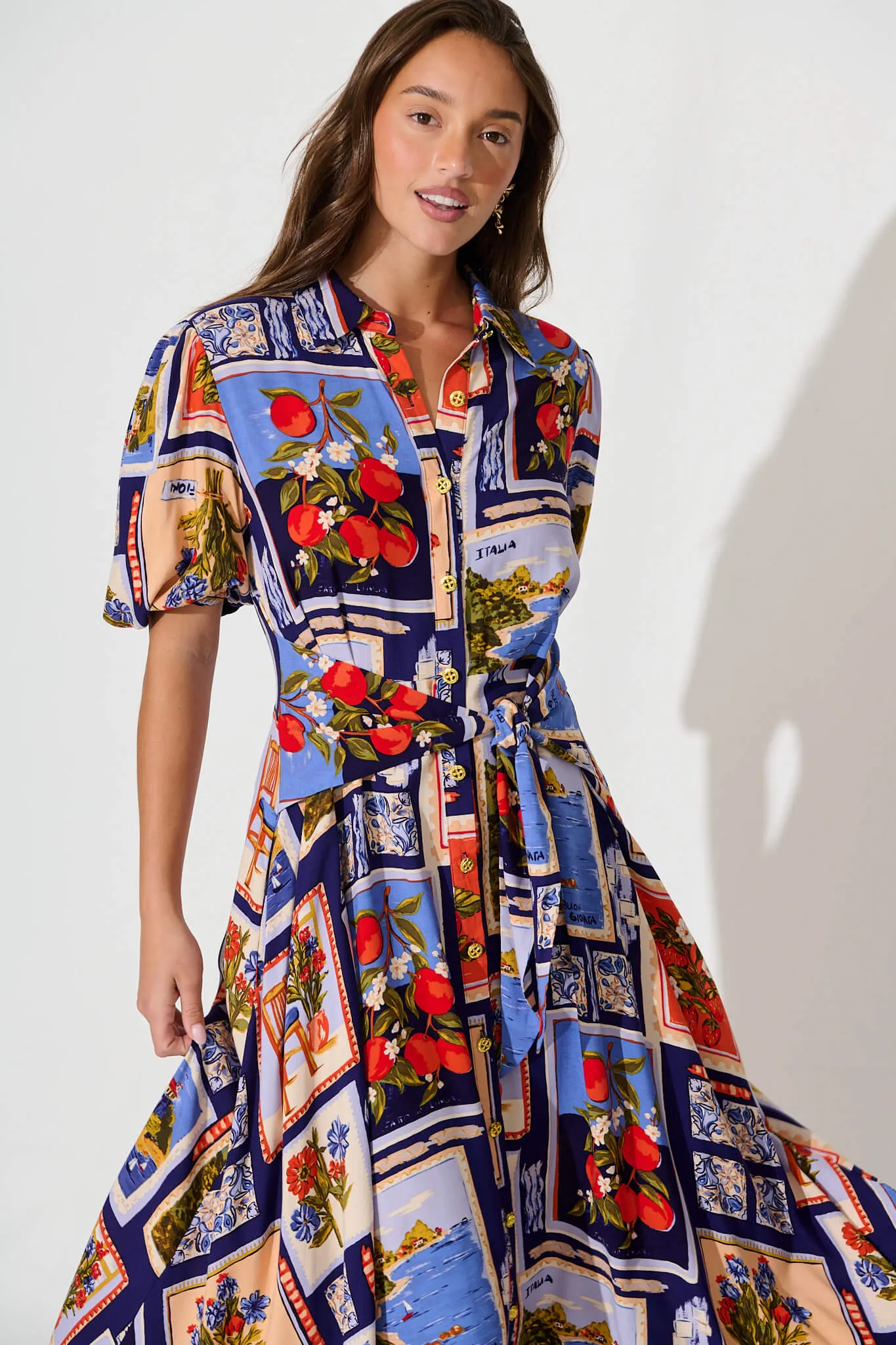 Bella Maxi Shirt Dress In Blue Multi Postcard Print sold by St Frock product image thumbnail 2