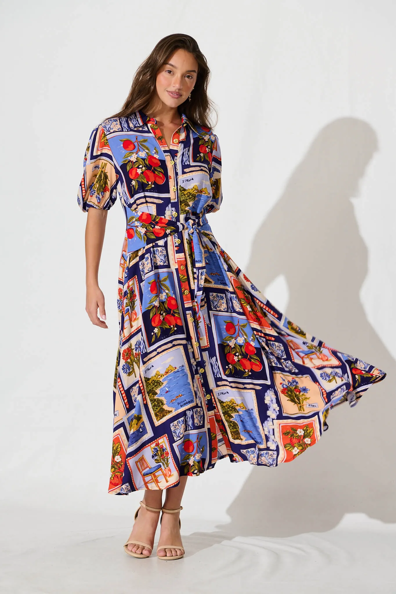 Bella Maxi Shirt Dress In Blue Multi Postcard Print sold by St Frock