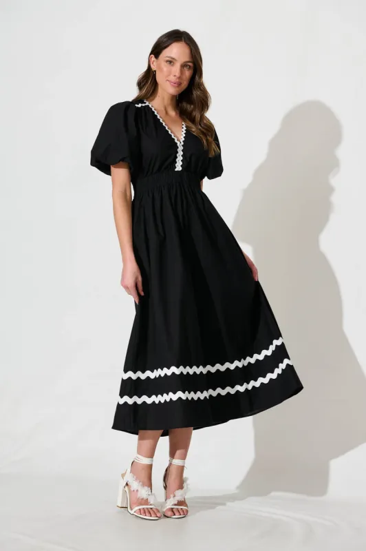 Indi Maxi Dress In Black With White Ric Rac Trim Cotton sold by St Frock