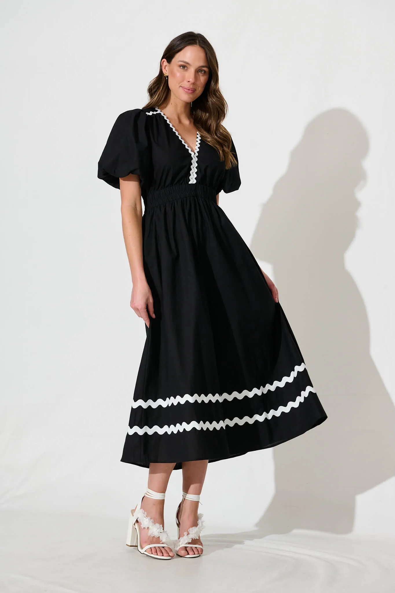 PRE ORDER Indi Maxi Dress In Black With White Ric Rac Trim Cotton sold by St Frock
