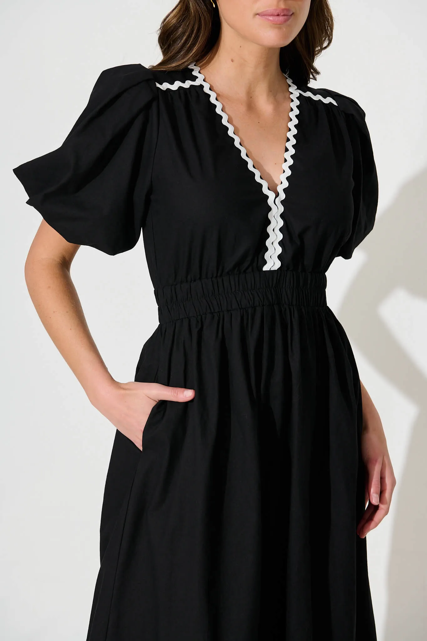 PRE ORDER Indi Maxi Dress In Black With White Ric Rac Trim Cotton sold by St Frock product image thumbnail 5