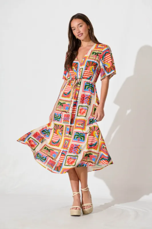 PRE ORDER Melody Midi Dress In Bright Multi Postcard Print sold by St Frock
