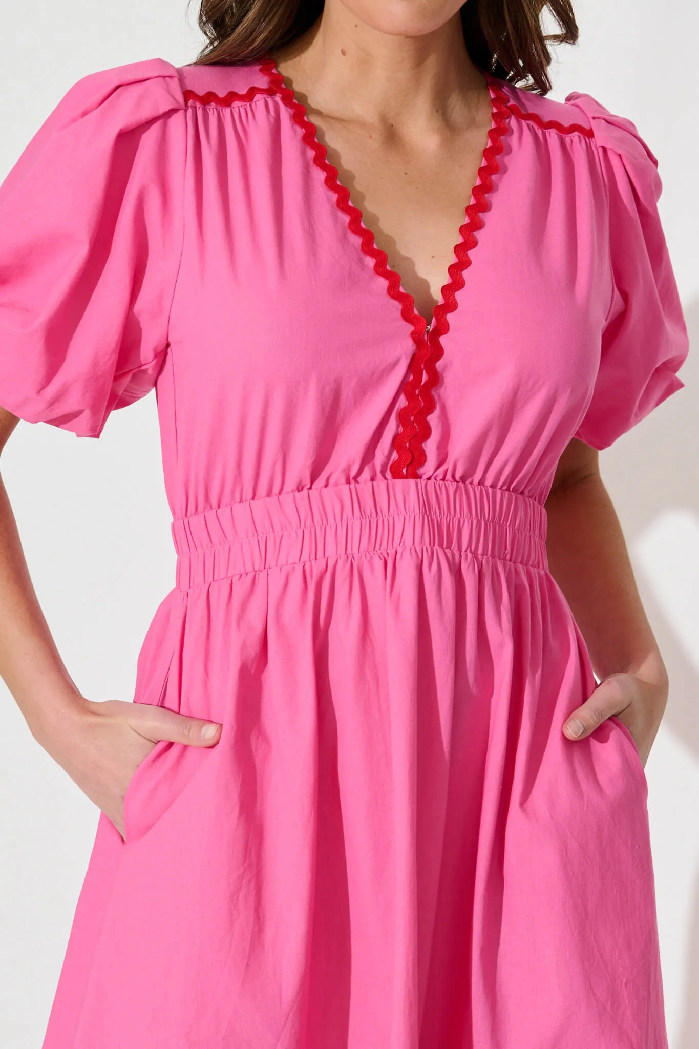 Indi Maxi Dress In Pink With Red Ric Rac Trim Cotton sold by St Frock product image thumbnail 5