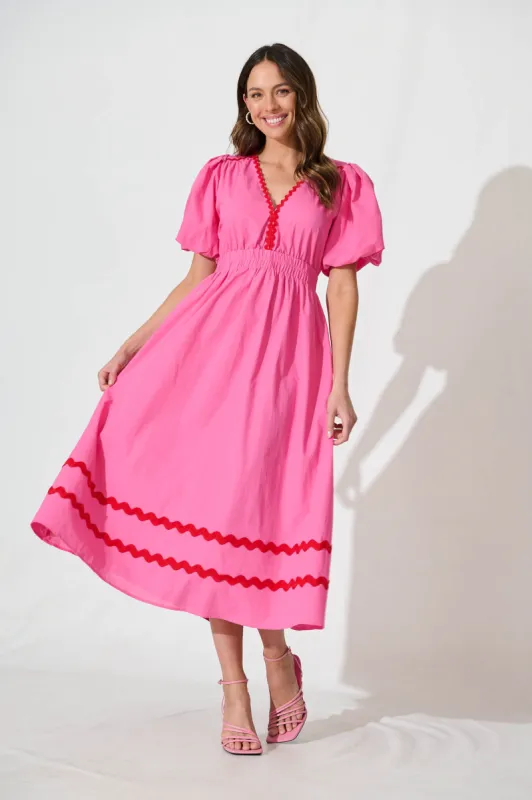 Indi Maxi Dress In Pink With Red Ric Rac Trim Cotton sold by St Frock
