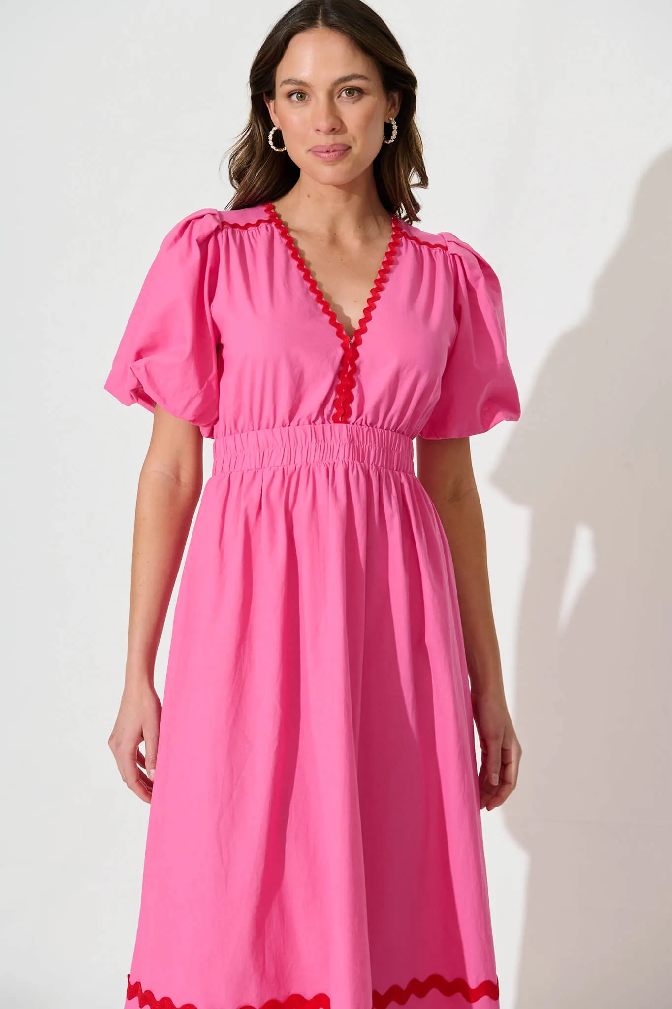 Indi Maxi Dress In Pink With Red Ric Rac Trim Cotton sold by St Frock product image thumbnail 2