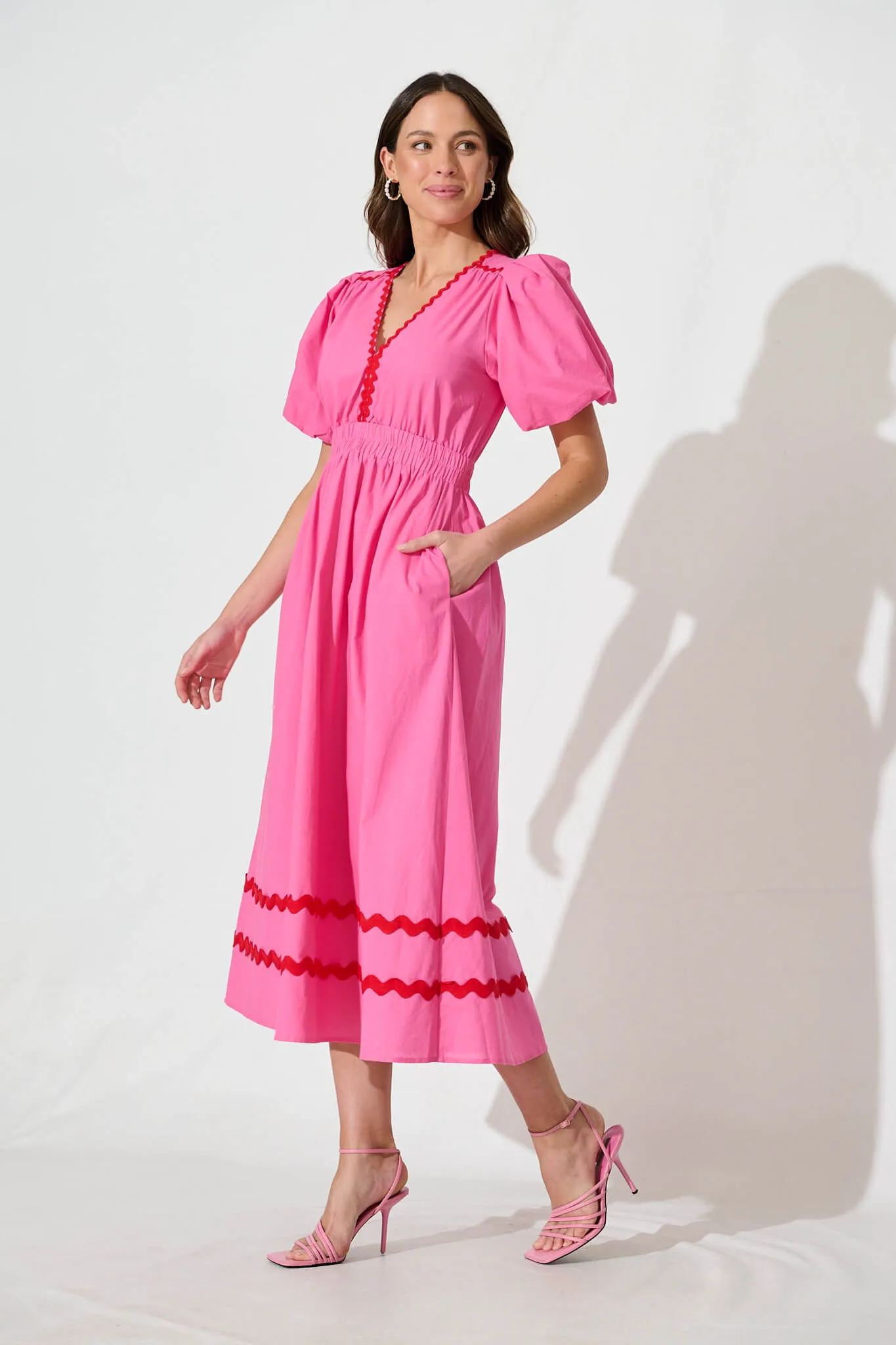 Indi Maxi Dress In Pink With Red Ric Rac Trim Cotton sold by St Frock product image thumbnail 3