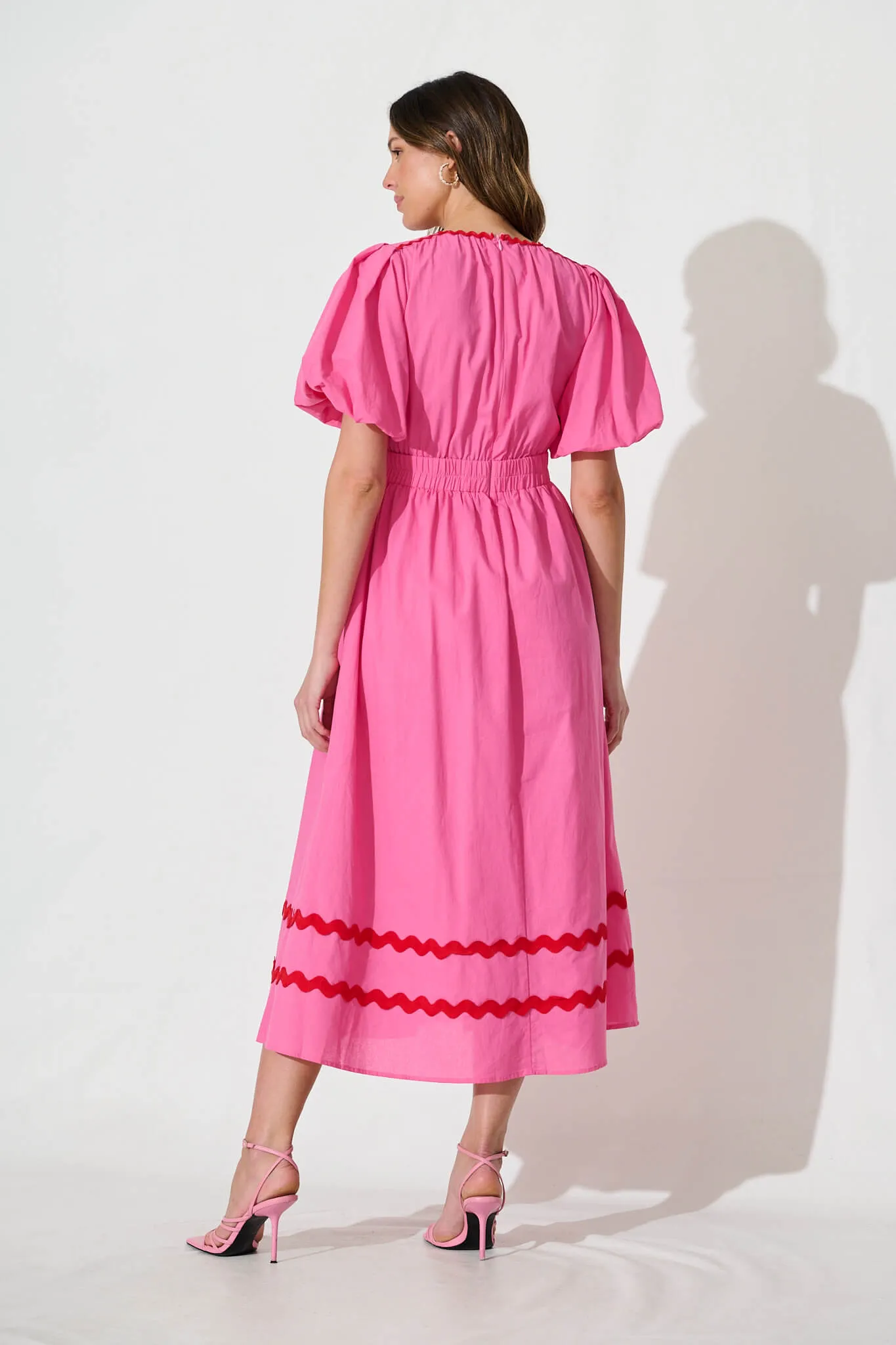 Indi Maxi Dress In Pink With Red Ric Rac Trim Cotton sold by St Frock product image thumbnail 4