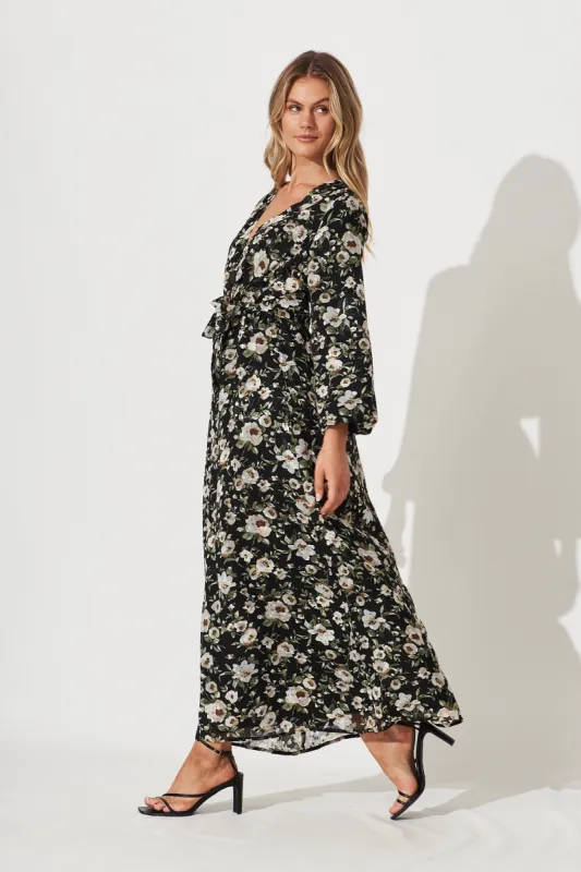 Trinidad Maxi Dress In Black With Beige And Green Floral Chiffon sold by St Frock