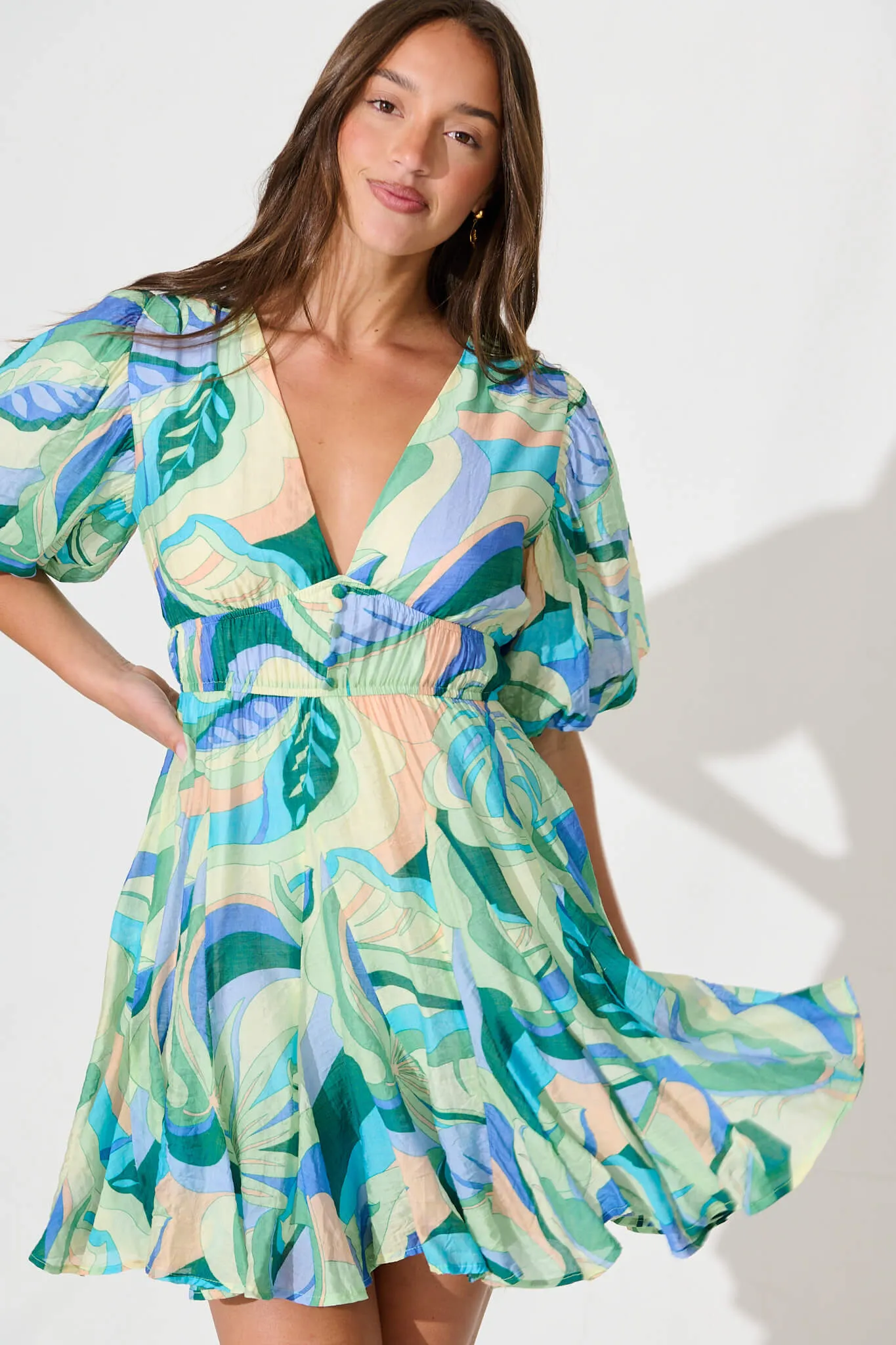 Adalynn Dress in Blue with Green Print sold by St Frock product image thumbnail 2