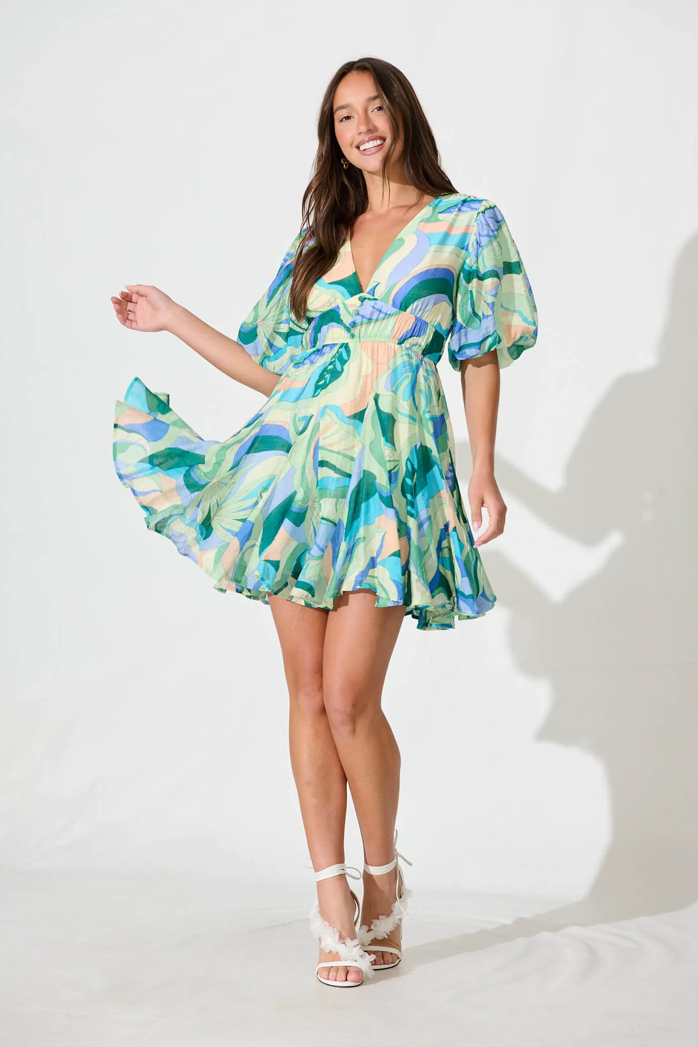 Adalynn Dress in Blue with Green Print sold by St Frock