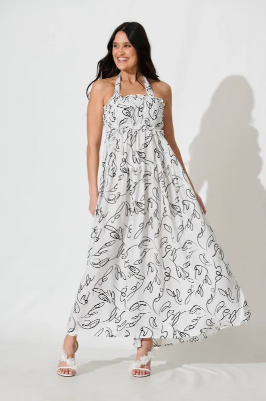 Luisa Maxi Sundress In White with Black Sketch Print sold by St Frock