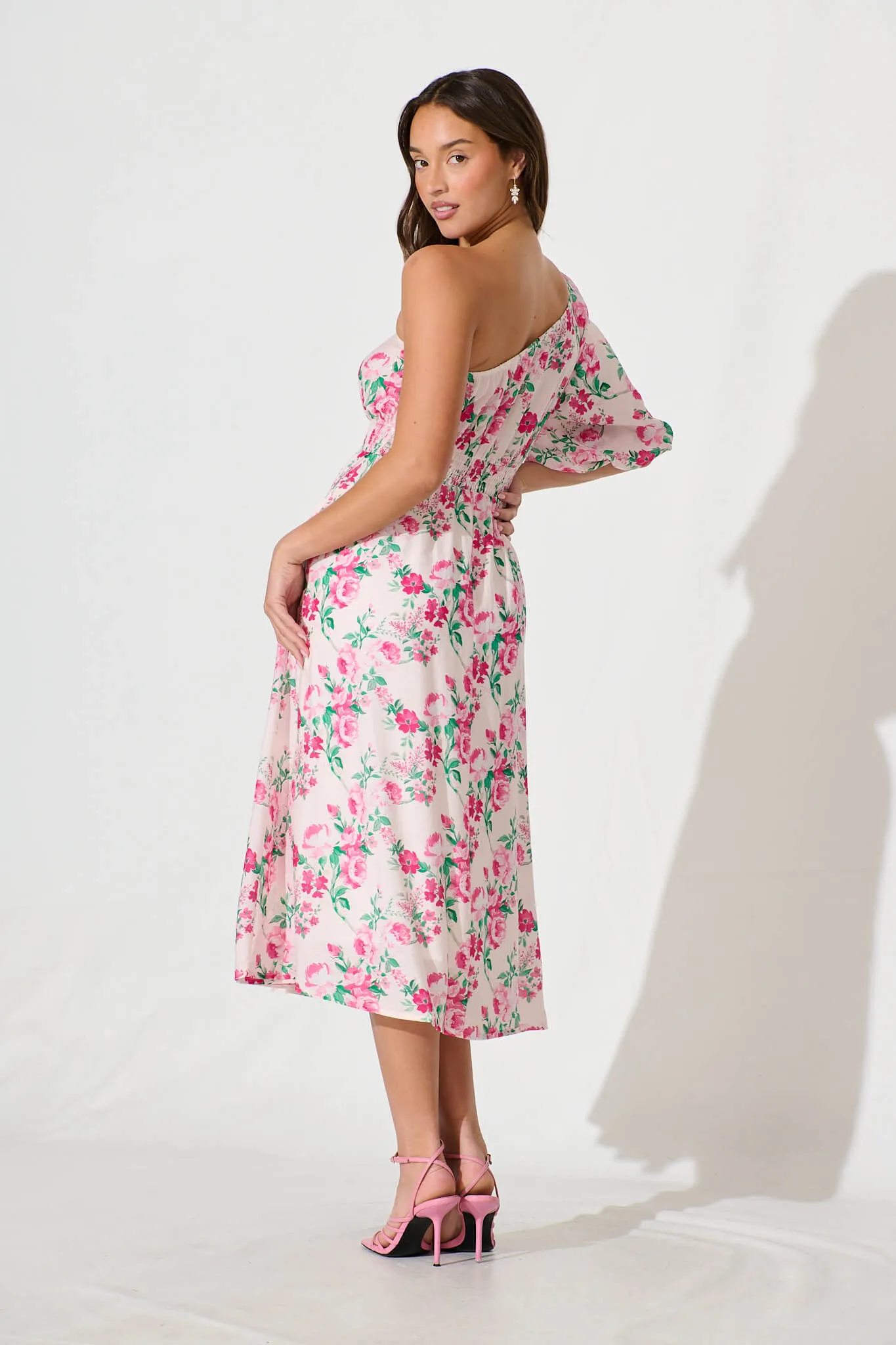 Esen Midi Dress in Pink and Green Floral Cotton Blend sold by St Frock product image thumbnail 5
