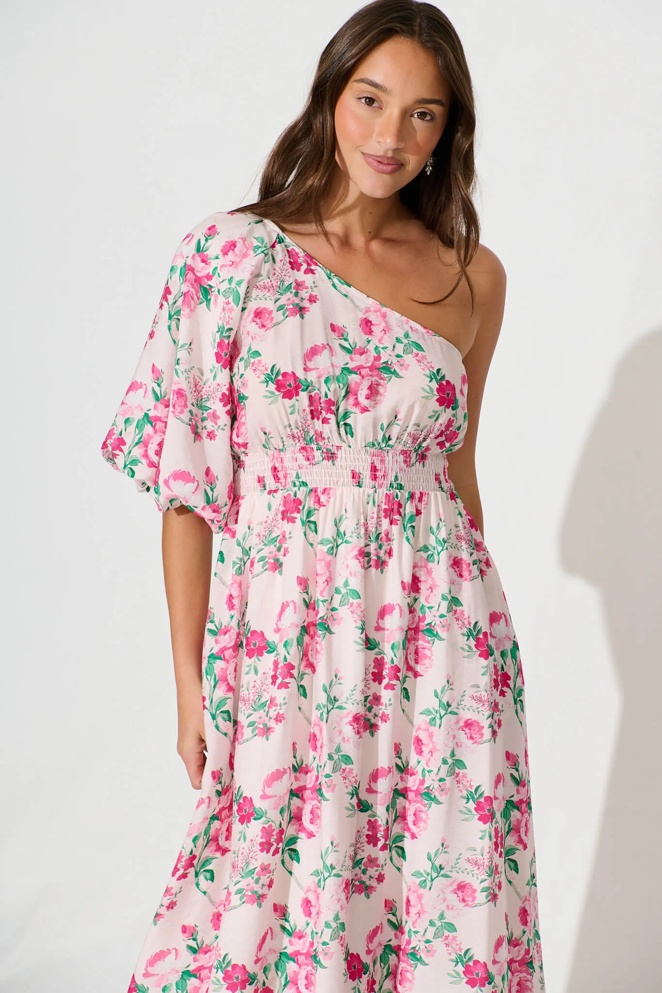 Esen Midi Dress in Pink and Green Floral Cotton Blend sold by St Frock product image thumbnail 2