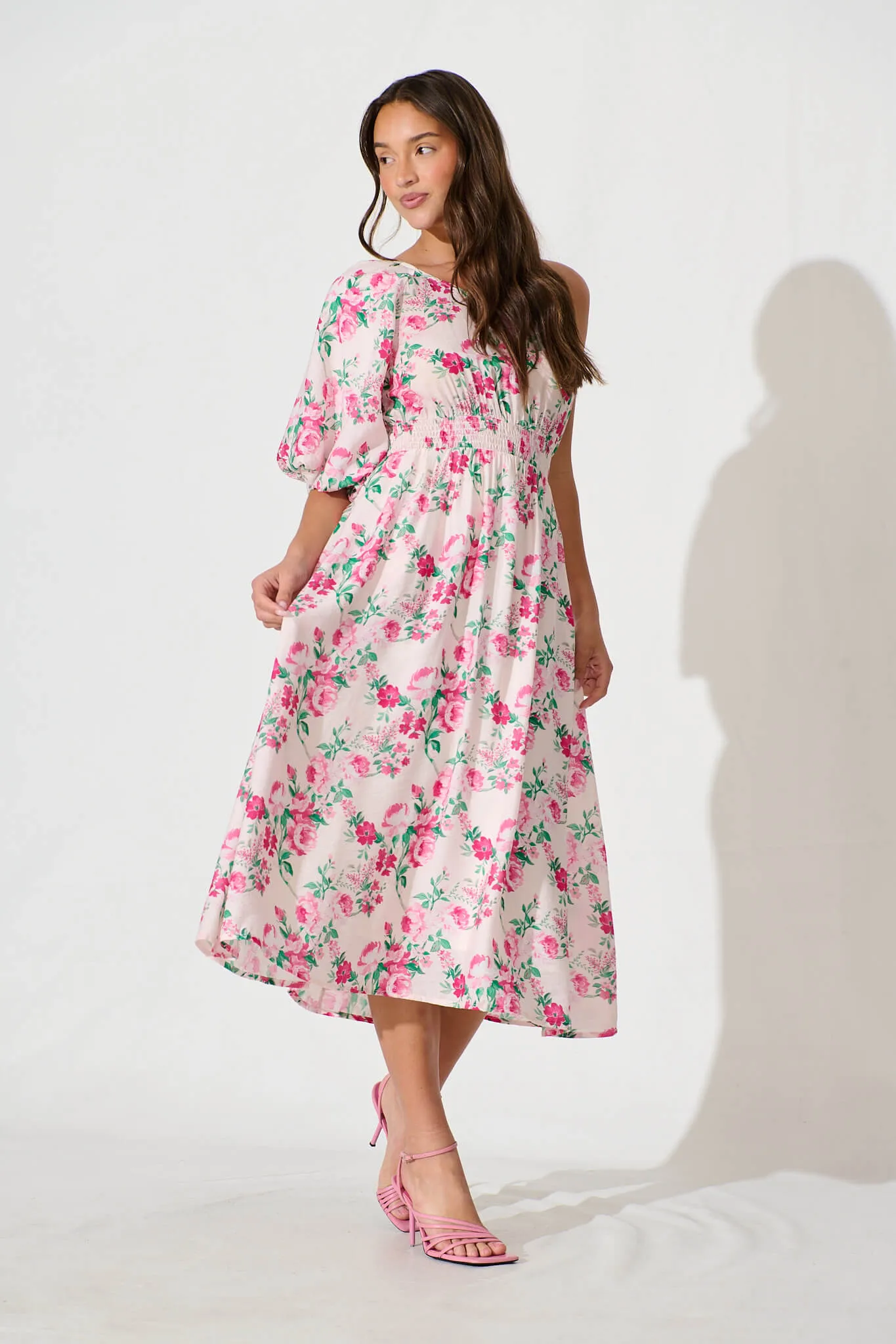 Esen Midi Dress in Pink and Green Floral Cotton Blend sold by St Frock product image thumbnail 4