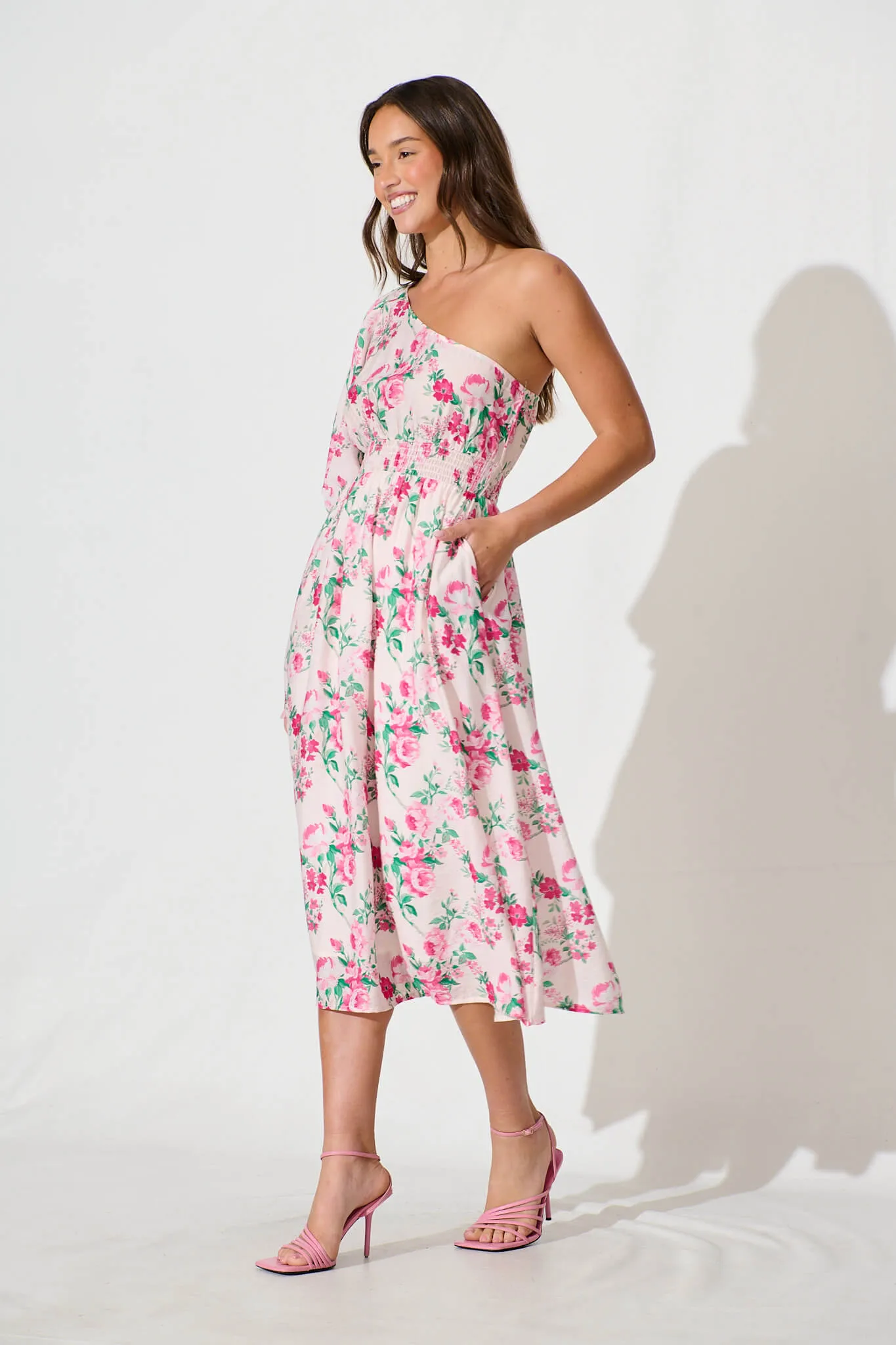 Esen Midi Dress in Pink and Green Floral Cotton Blend sold by St Frock product image thumbnail 3