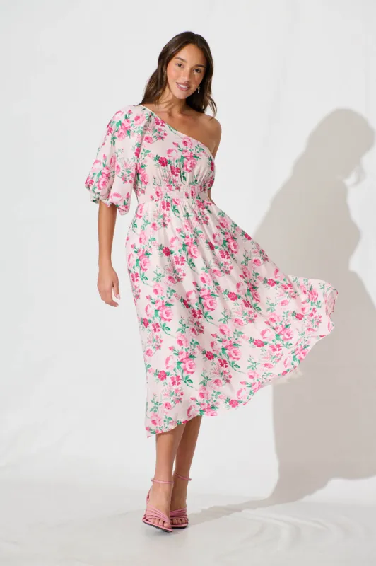 Esen Midi Dress in Pink and Green Floral Cotton Blend sold by St Frock