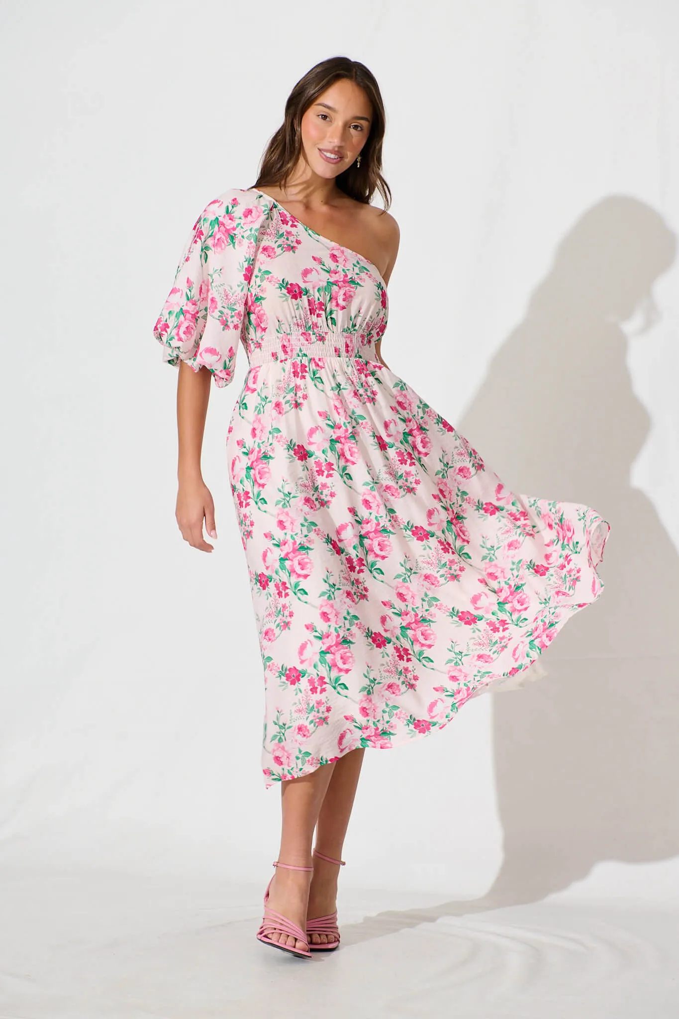 Esen Midi Dress in Pink and Green Floral Cotton Blend sold by St Frock