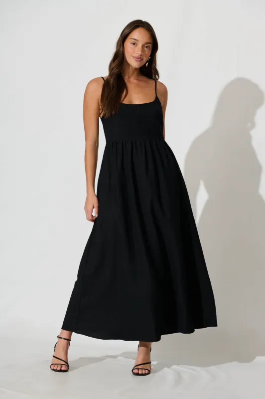 Quinley Maxi Sundress in Black Linen Blend sold by St Frock