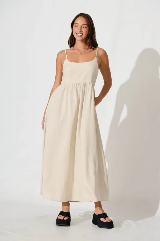 Quinley Maxi Sundress in Oatmeal Linen Blend sold by St Frock