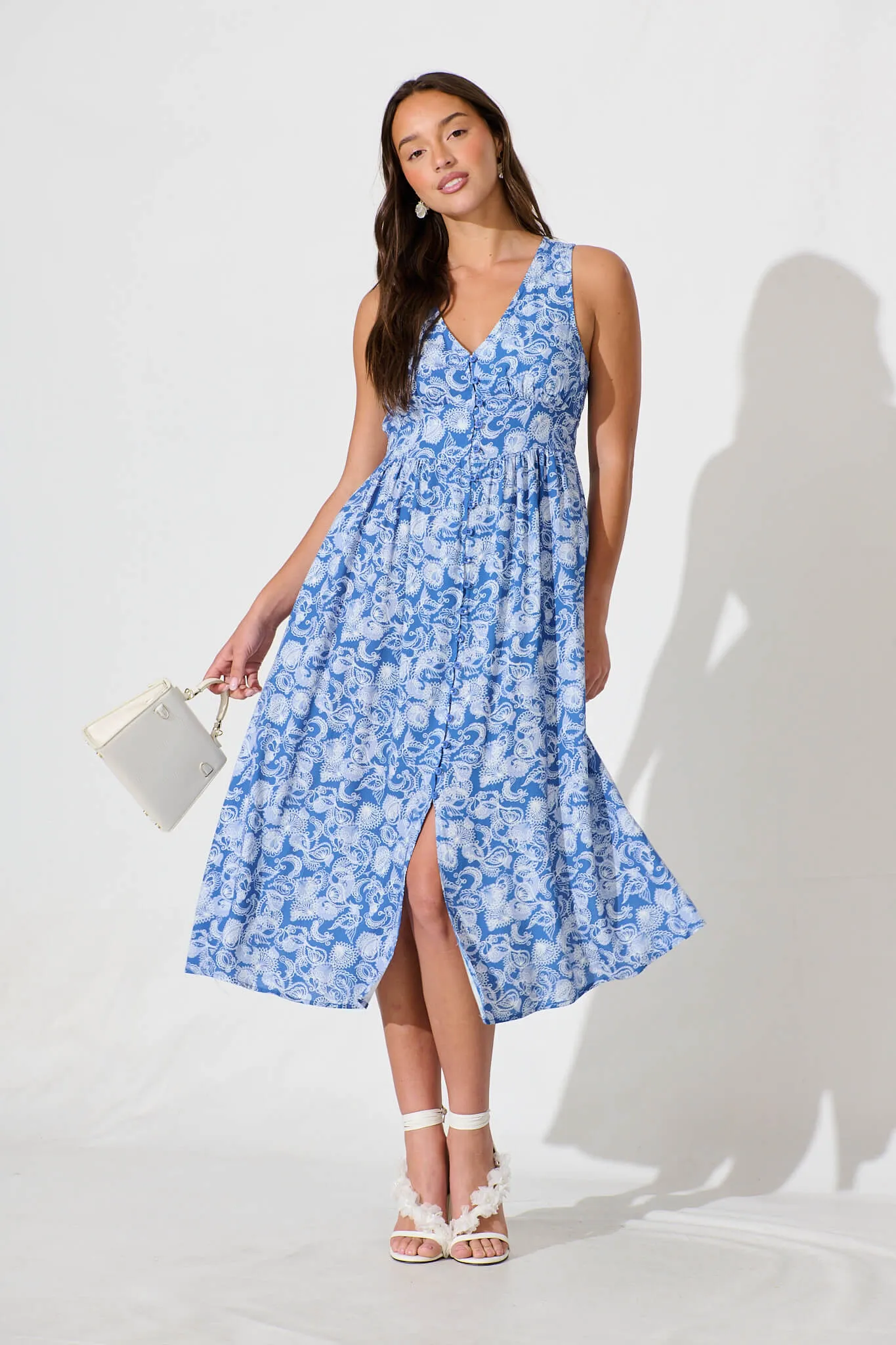 Ryland Midi Dress in Blue Paisley Print sold by St Frock