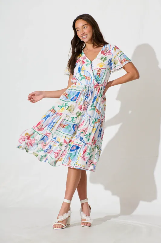 Caspia Midi Dress in White Multi Summer with Ric Rac Trim sold by St Frock