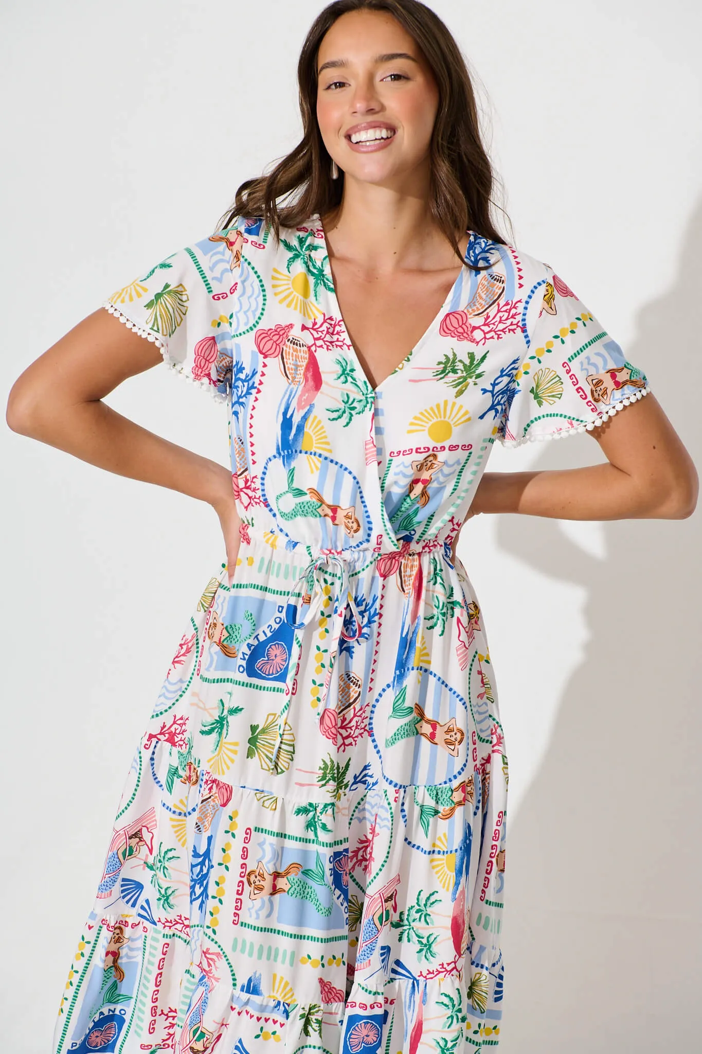 Caspia Midi Dress in White Multi Summer with Ric Rac Trim sold by St Frock product image thumbnail 2