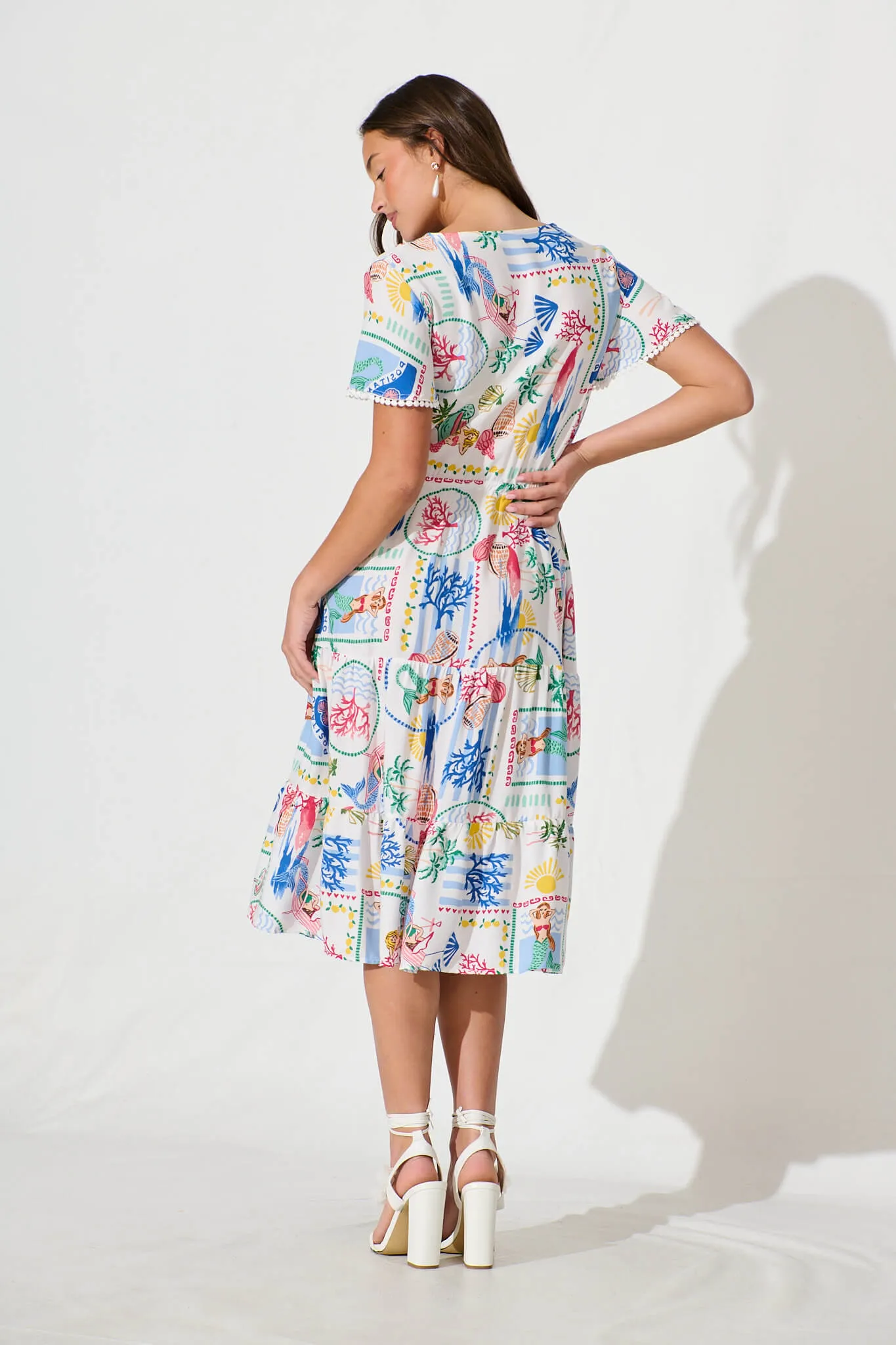 Caspia Midi Dress in White Multi Summer with Ric Rac Trim sold by St Frock product image thumbnail 4