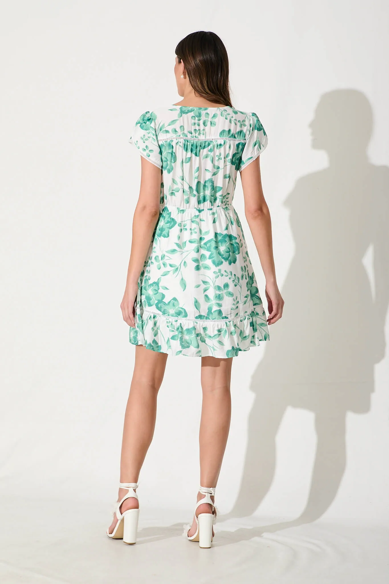 Cleodora Midi Dress in White with Green Floral Cotton Blend sold by St Frock product image thumbnail 4
