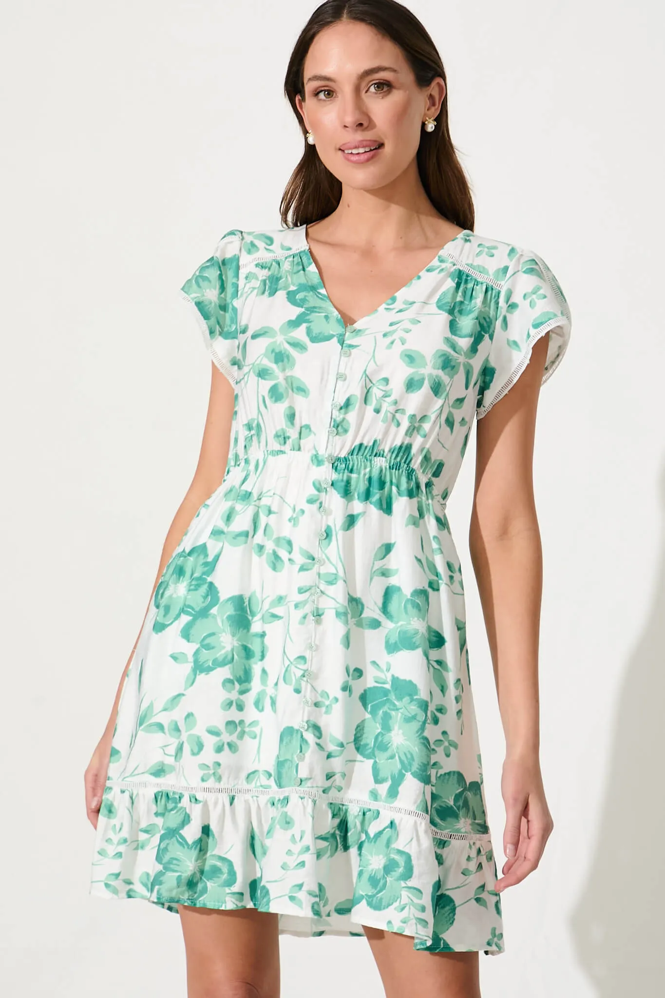 Cleodora Midi Dress in White with Green Floral Cotton Blend sold by St Frock product image thumbnail 2