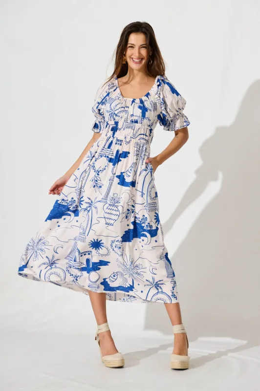 Truly Midi Dress In White With Blue Print sold by St Frock