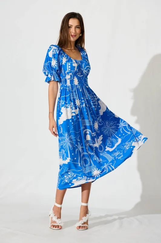 Truly Midi Dress In Blue With White Print sold by St Frock
