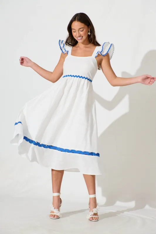 Miami Midi Dress In White With Blue Ric Rac Cotton sold by St Frock