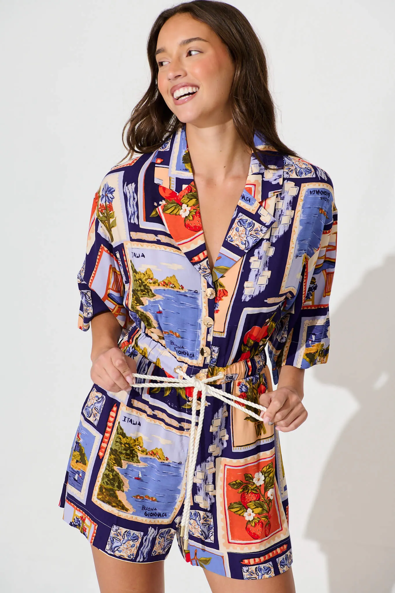 Maui Playsuit In Blue Multi Postcard Print sold by St Frock product image thumbnail 2