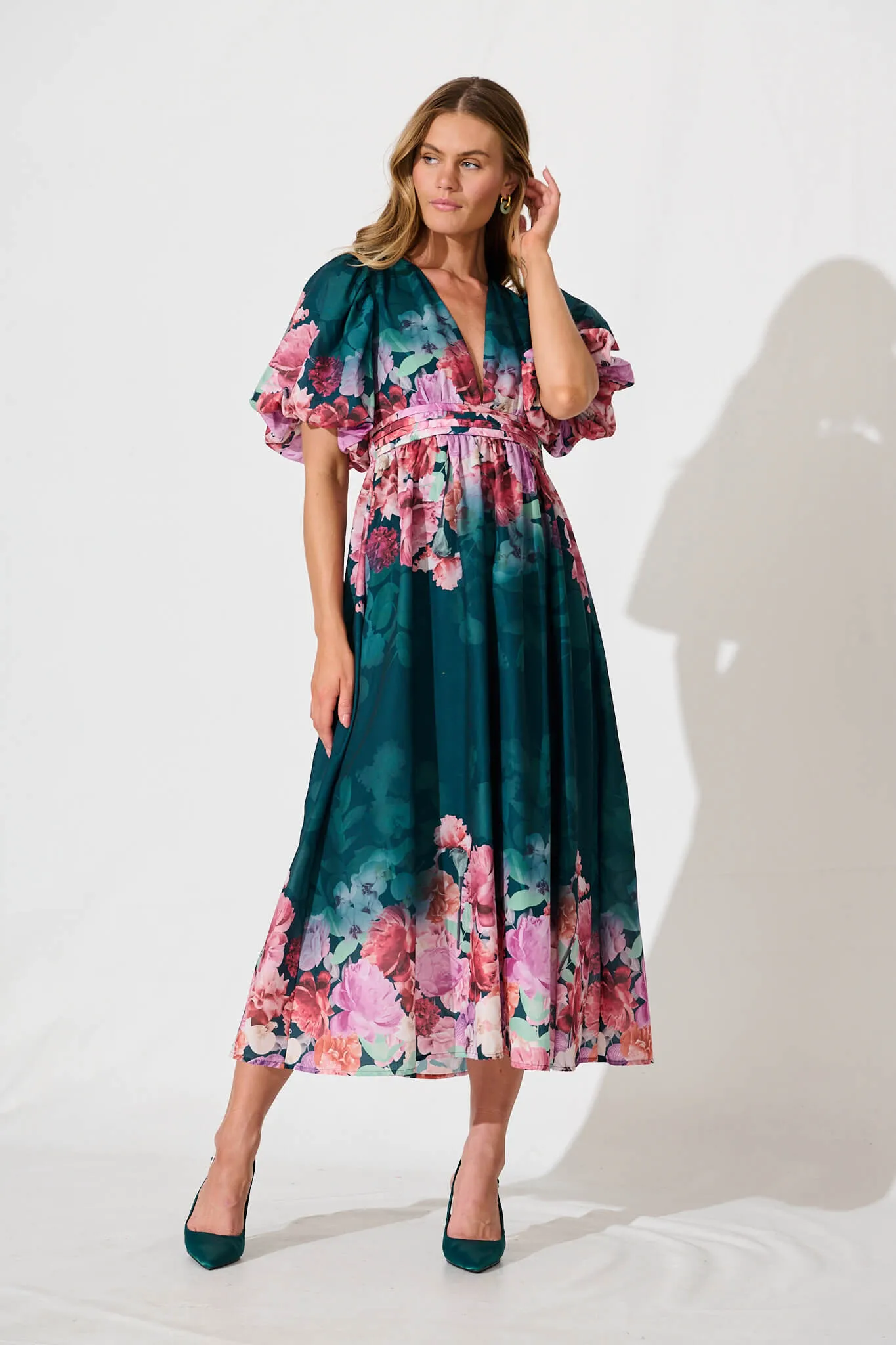 Divine Maxi Dress In Emerald With Pink Multi Floral Print sold by St Frock product image thumbnail 2
