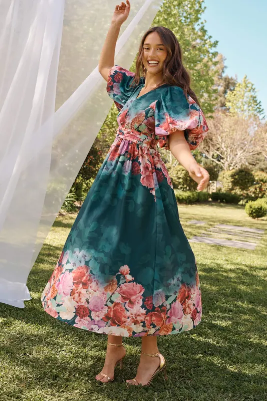 Divine Maxi Dress In Emerald With Pink Multi Floral Print sold by St Frock