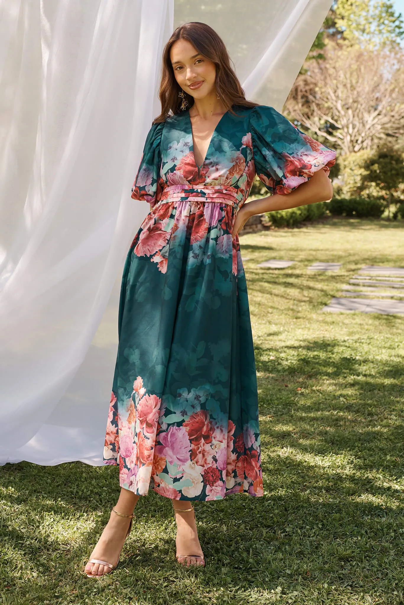 Divine Maxi Dress In Emerald With Pink Multi Floral Print sold by St Frock product image thumbnail 4