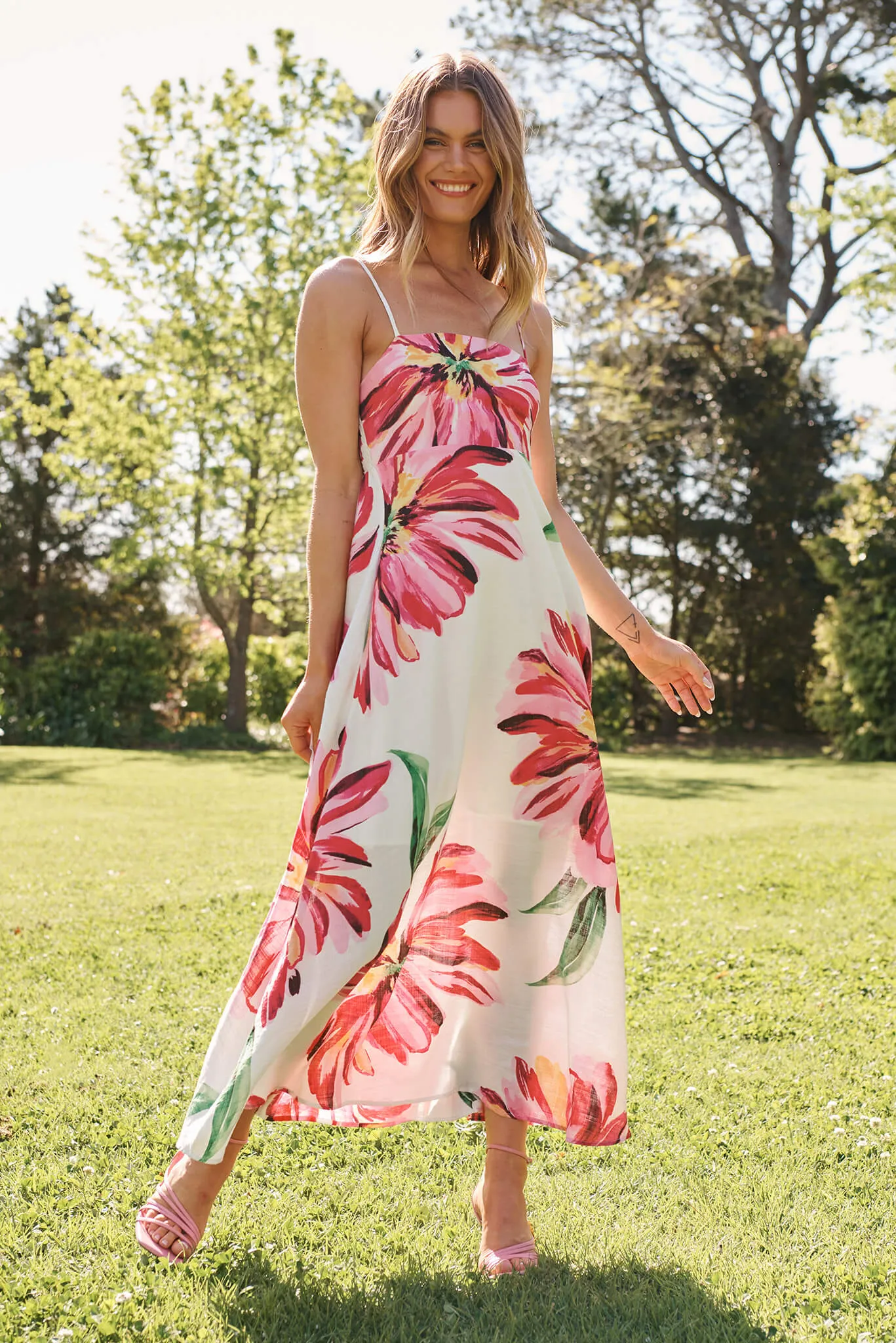 Willa Maxi Sundress In White With Pink Floral sold by St Frock