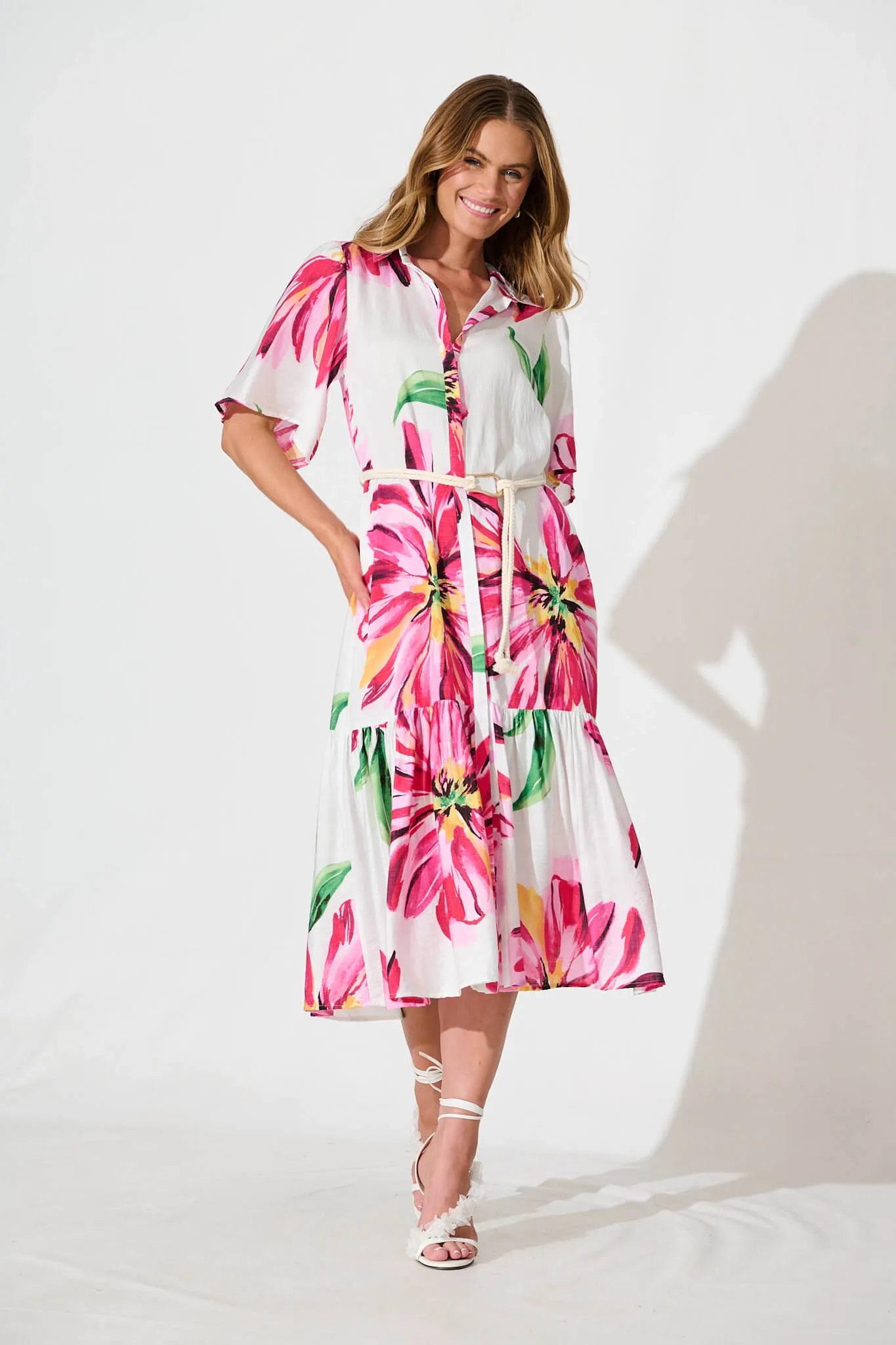 Cera Maxi Shirt Dress In White With Pink Floral sold by St Frock product image thumbnail 2