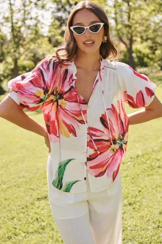 Jupiter Shirt In White With Pink Floral sold by St Frock