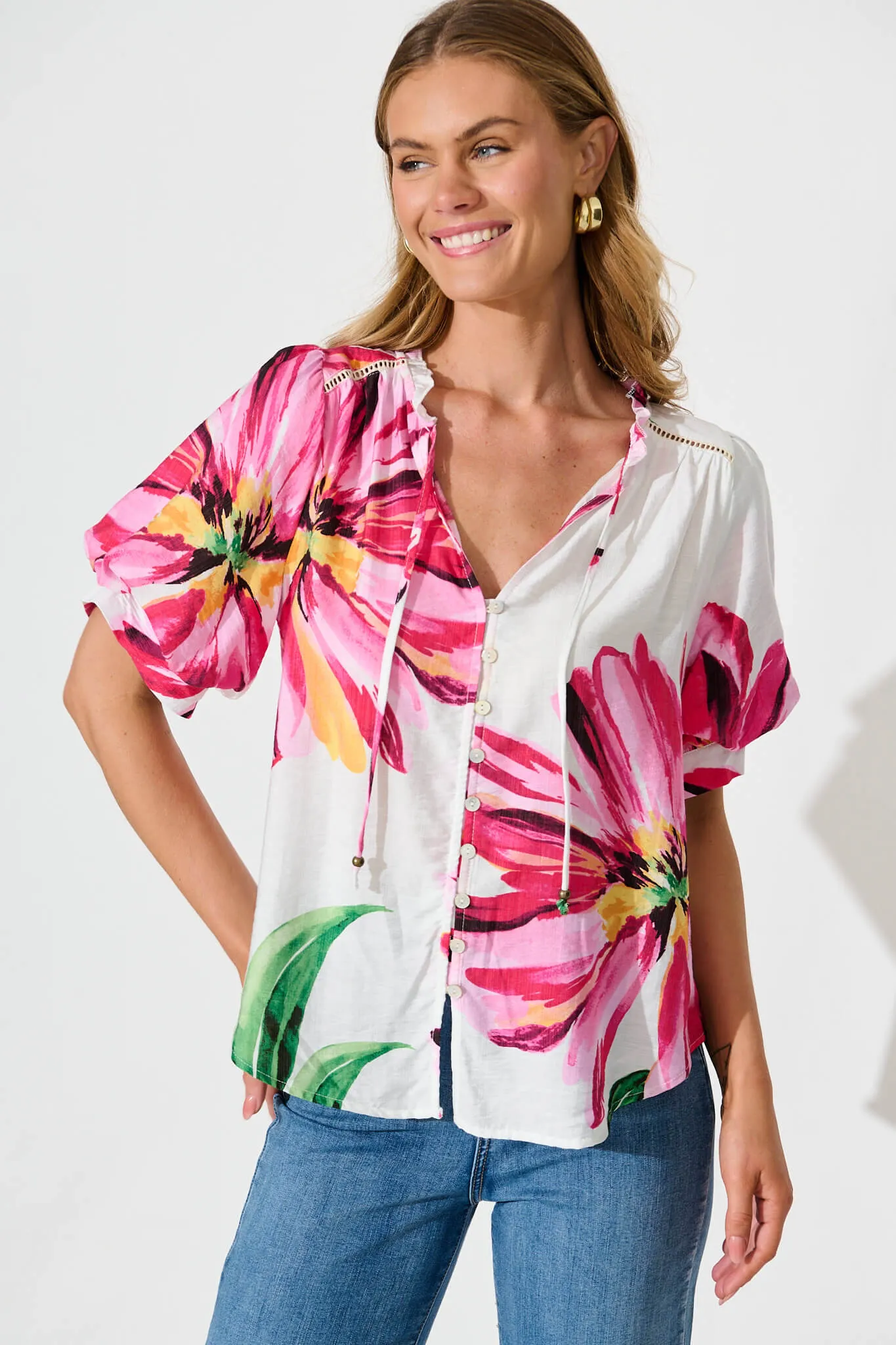 Jupiter Shirt In White With Pink Floral sold by St Frock product image thumbnail 2