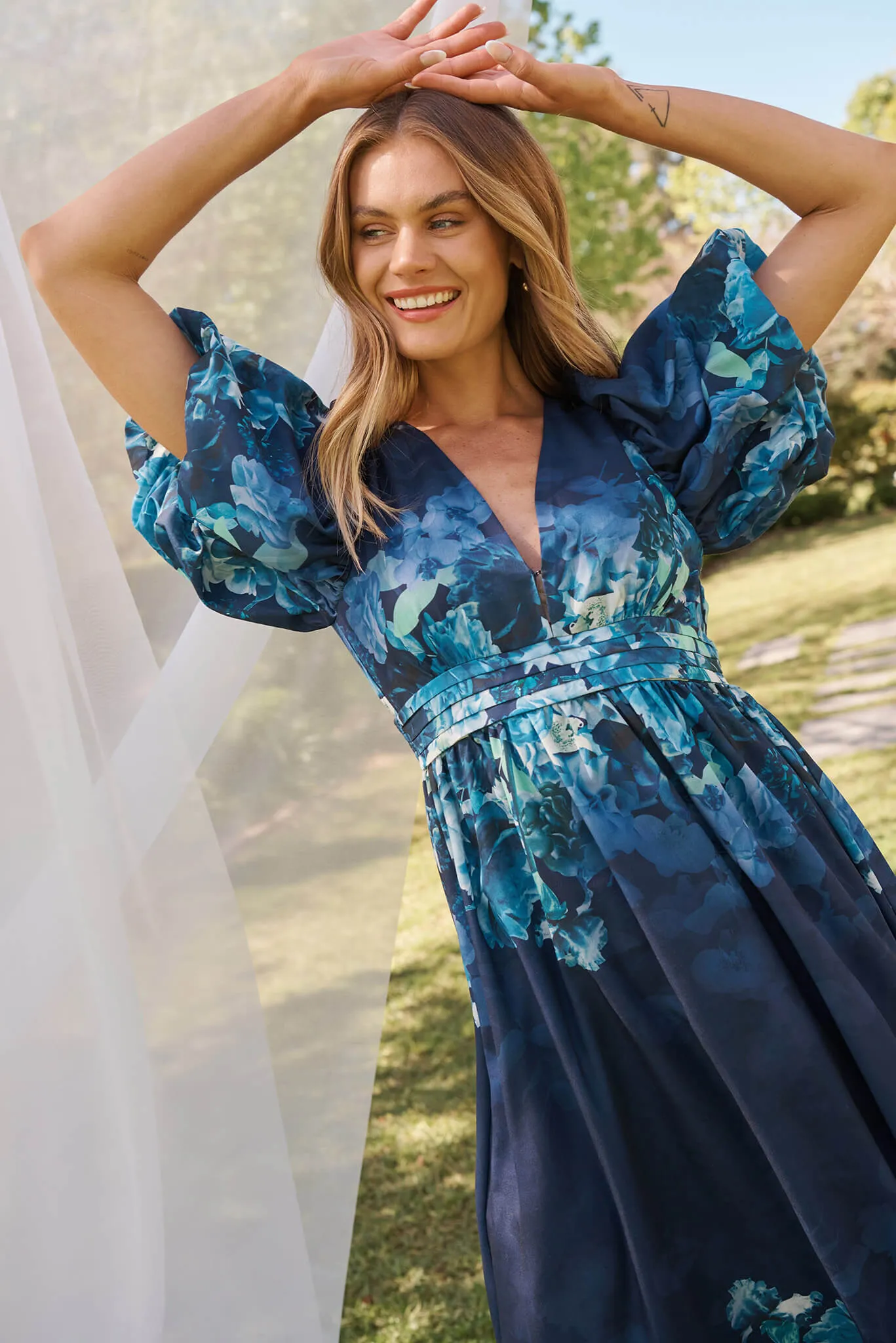 Divine Maxi Dress In Navy With Sage Multi Floral Print sold by St Frock product image thumbnail 4