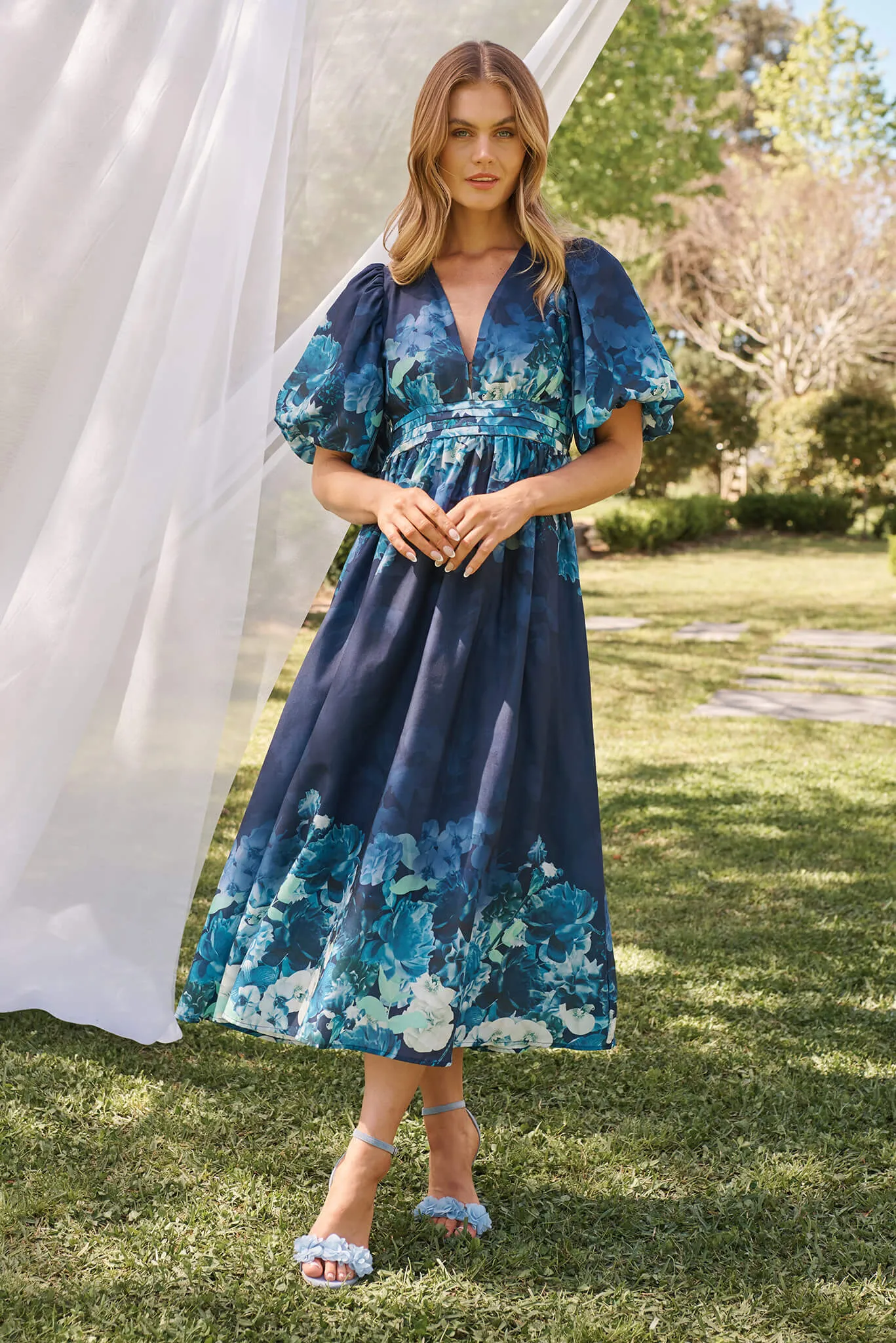 Divine Maxi Dress In Navy With Sage Multi Floral Print sold by St Frock