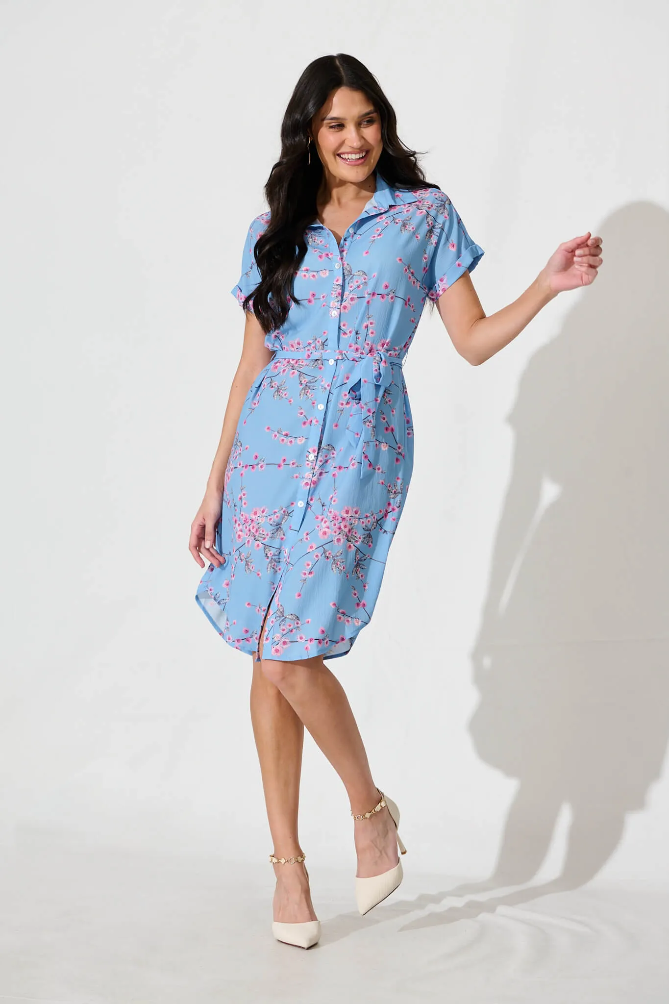 Maddison Shirt Dress In Pale Blue With Pink Cherry Blossom sold by St Frock product image thumbnail 2