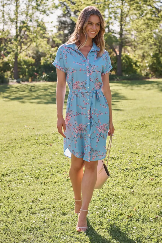 Maddison Shirt Dress In Pale Blue With Pink Cherry Blossom sold by St Frock