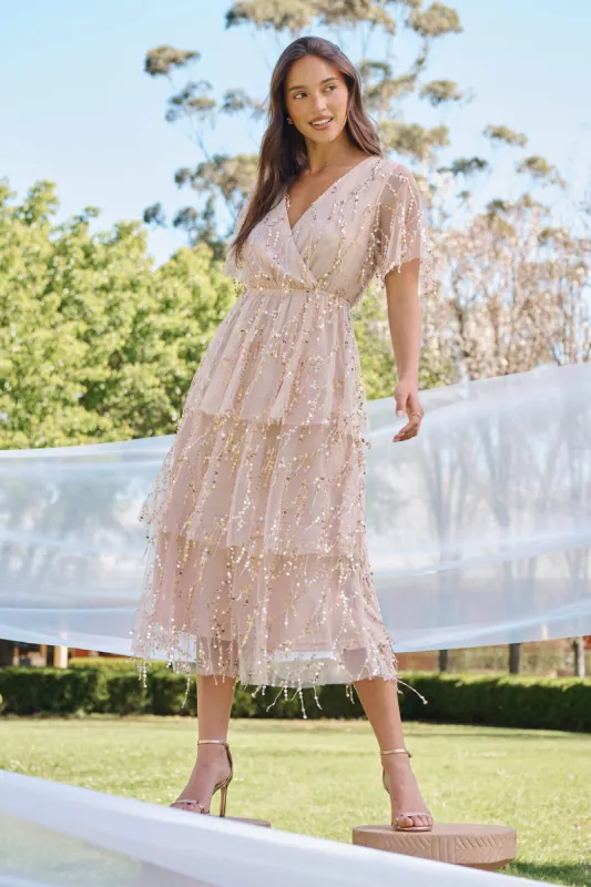 Catalina Midi Dress In Rose Gold Sequin sold by St Frock